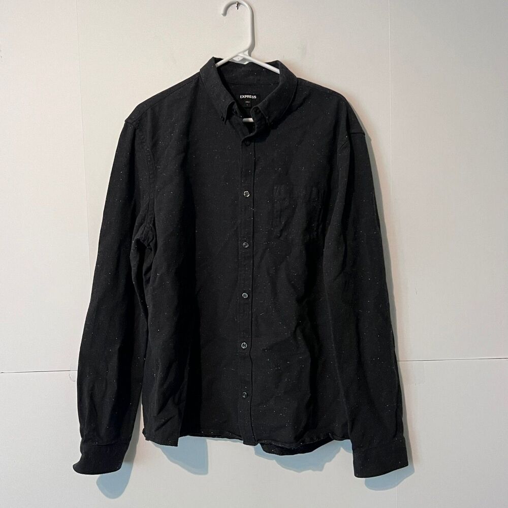 Express Mens Shirt Size L Charcoal Black Dot Oxford Soft Long Sleeve Button Up